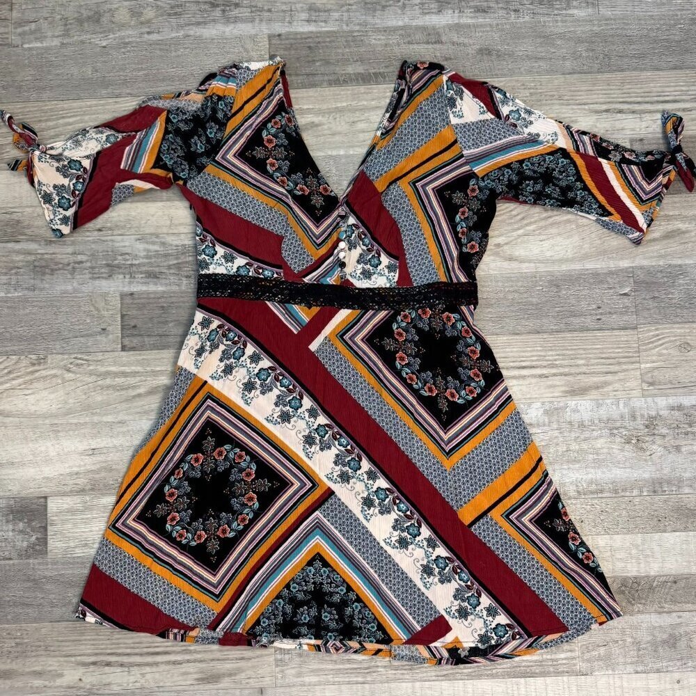 Shyanne Boho Floral Geometric V-Neck Tunic/Short Dress Shoulder Slits H6